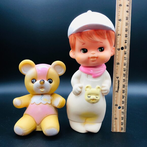 Vintage LOT of 60s Kitsch Squeaky Toys Little Boy -Teddy Bear with Baby Blanket - Picture 10 of 10